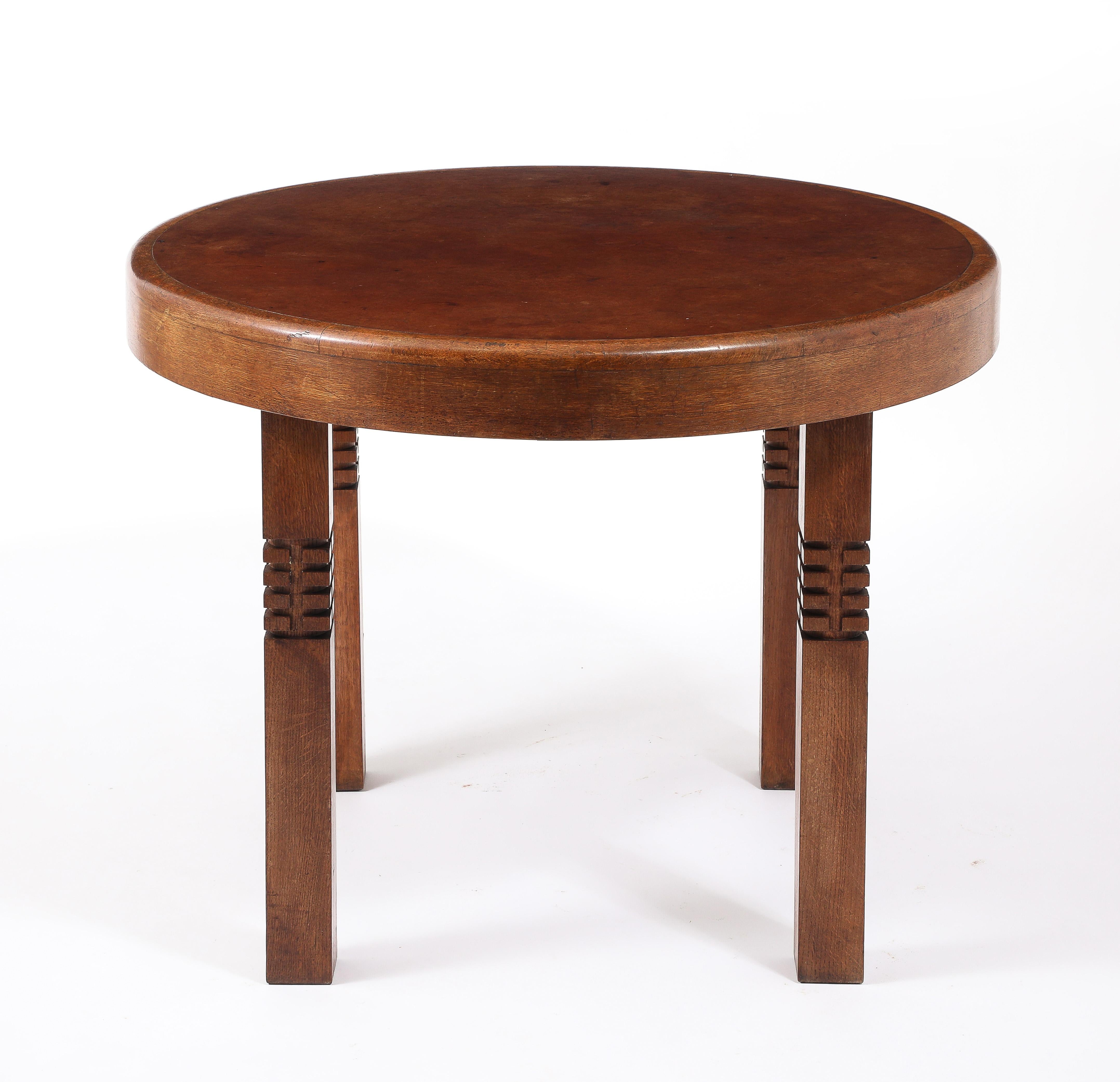 Carved Round Oak Center Table, France 1950's For Sale 4