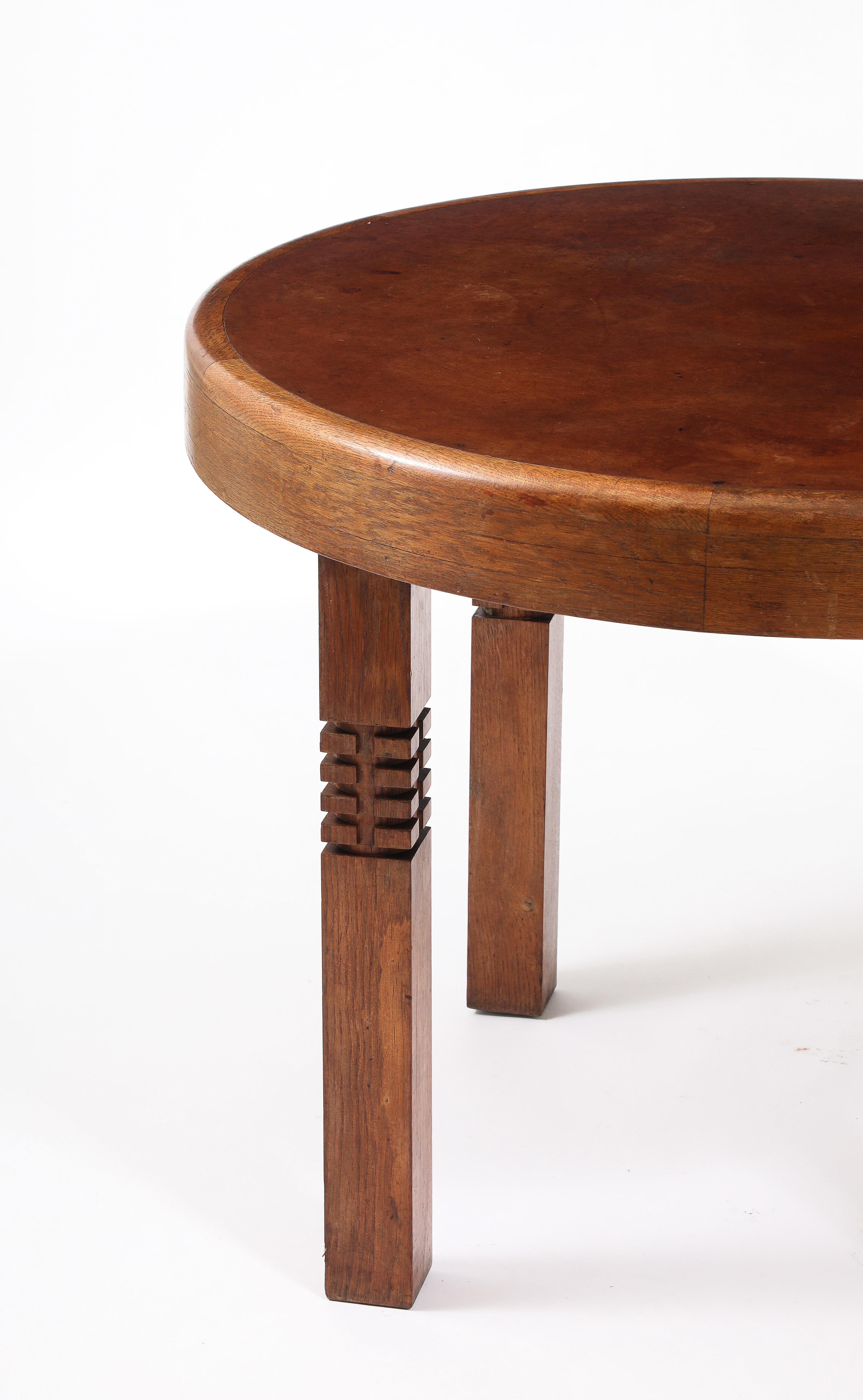 Mid-Century Modern Carved Round Oak Center Table, France 1950's For Sale