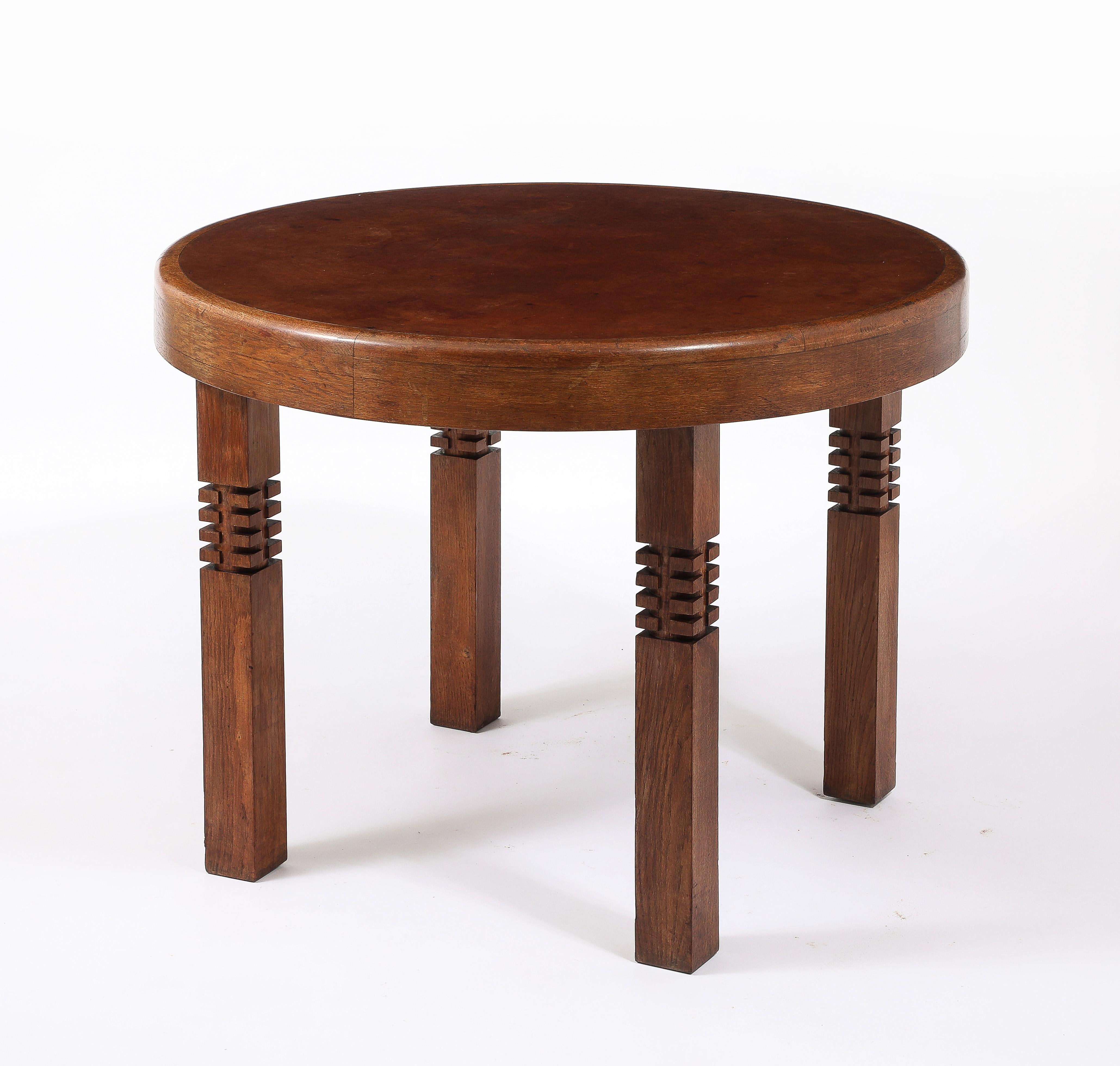French Carved Round Oak Center Table, France 1950's For Sale