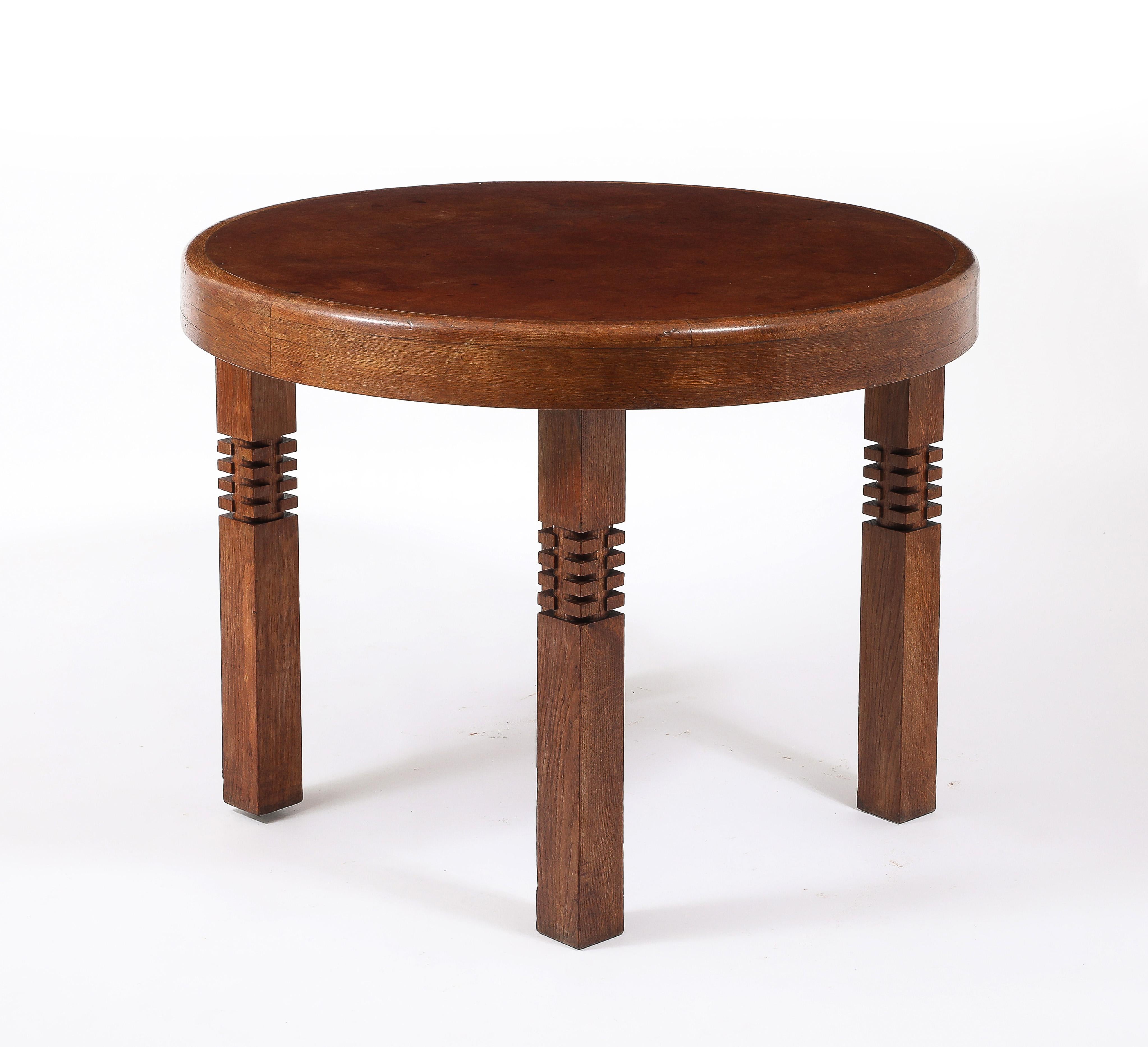 Carved Round Oak Center Table, France 1950's For Sale 1