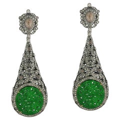 Carved Round Shaped Green Jade Earrings with Pave Diamonds in 18k Gold & Silver