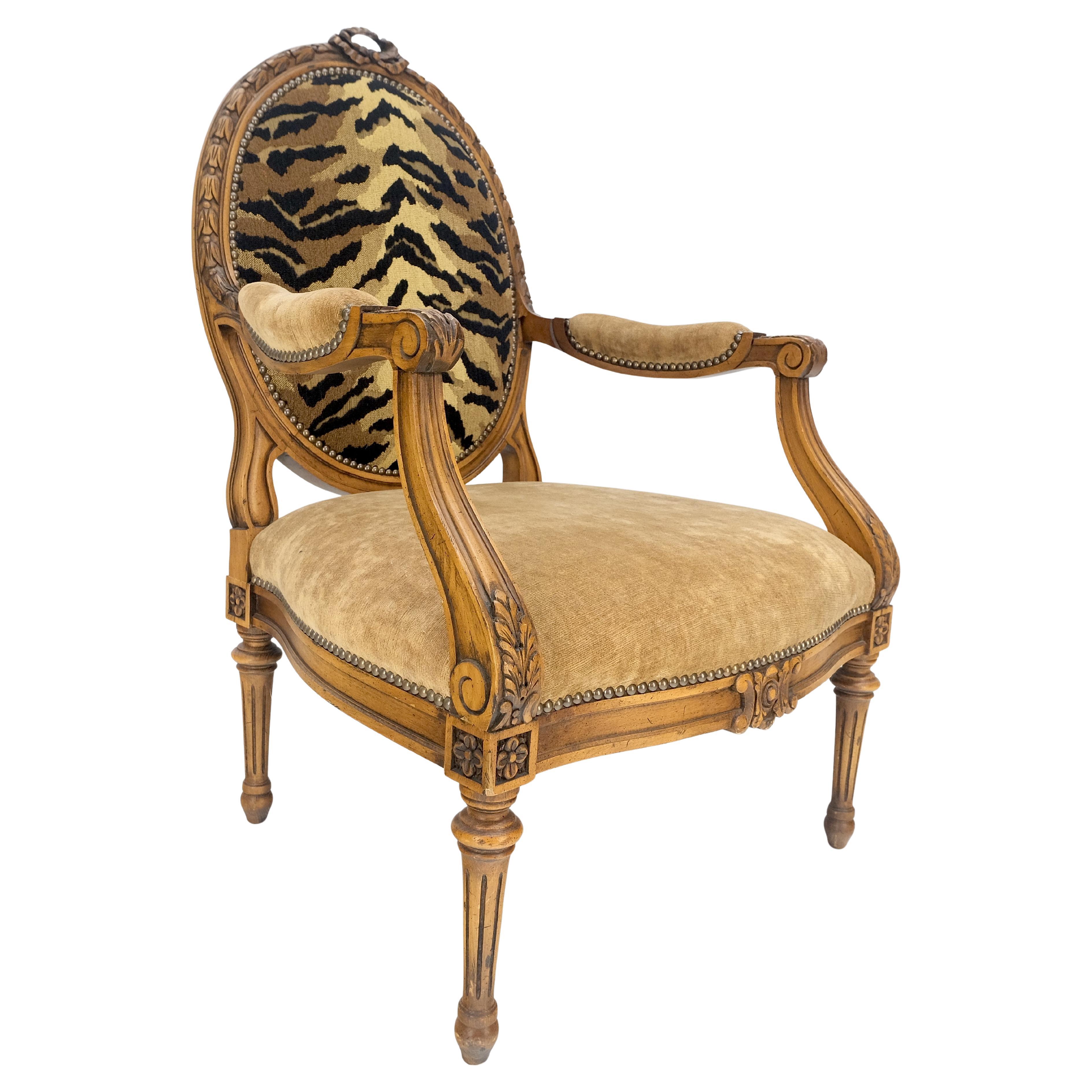 Carved Round Tiger Upholstery Back Camel Mohair Seat French Arm Chair MINT