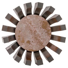 Carved Round Walnut Framed Mirror, Smoked Antiqued Mirrored Glass, Spain 1970's