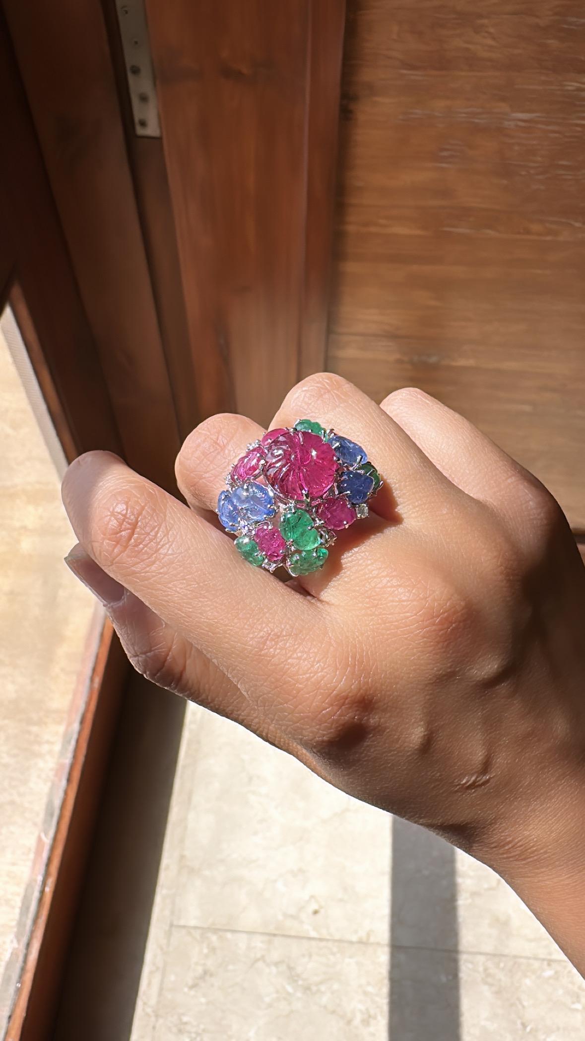 Carved Rubellite, Emerald, Blue Sapphire & Diamonds Tutti-Frutti Cocktail Ring For Sale 4