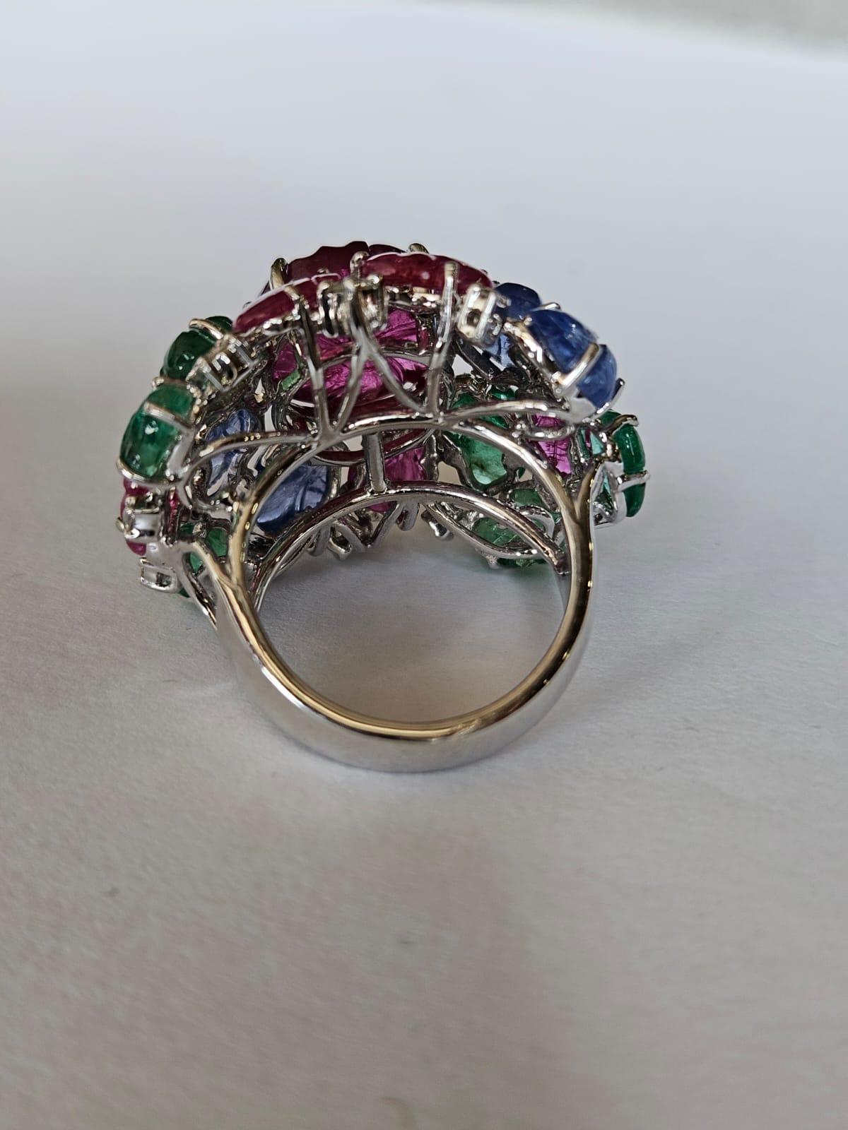 Modern Carved Rubellite, Emerald, Blue Sapphire & Diamonds Tutti-Frutti Cocktail Ring For Sale