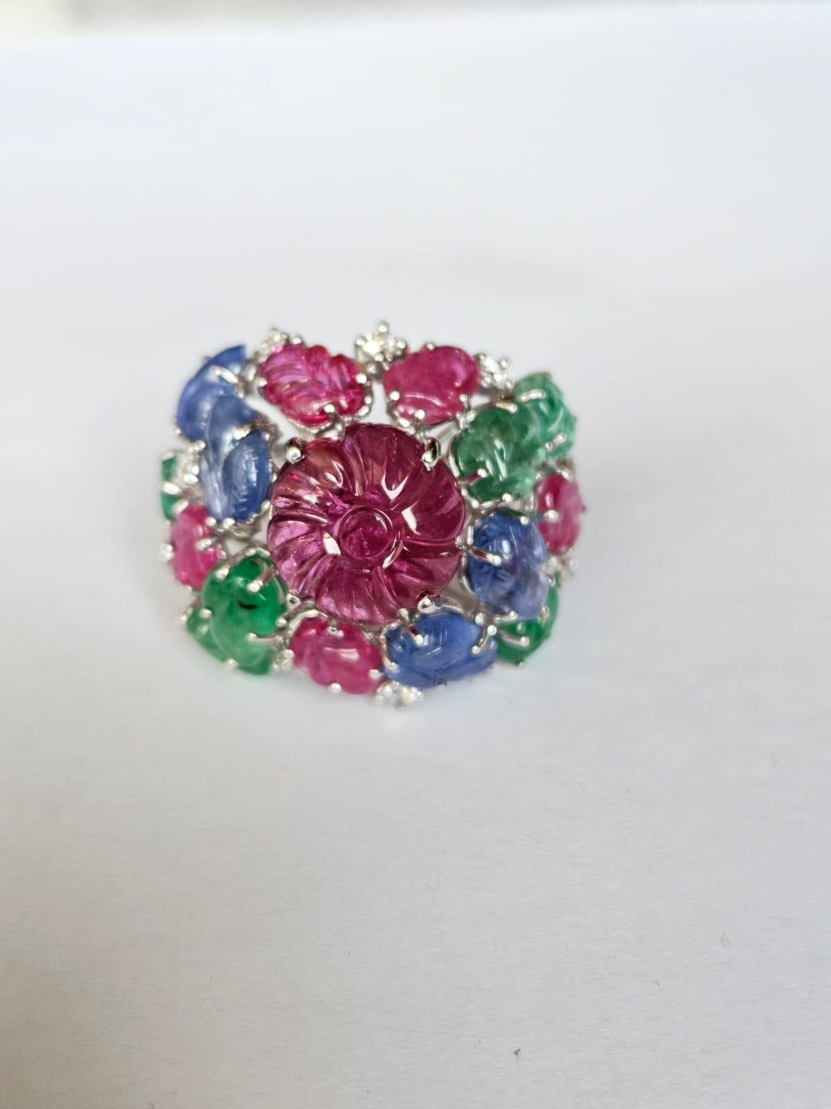 Women's or Men's Carved Rubellite, Emerald, Blue Sapphire & Diamonds Tutti-Frutti Cocktail Ring For Sale