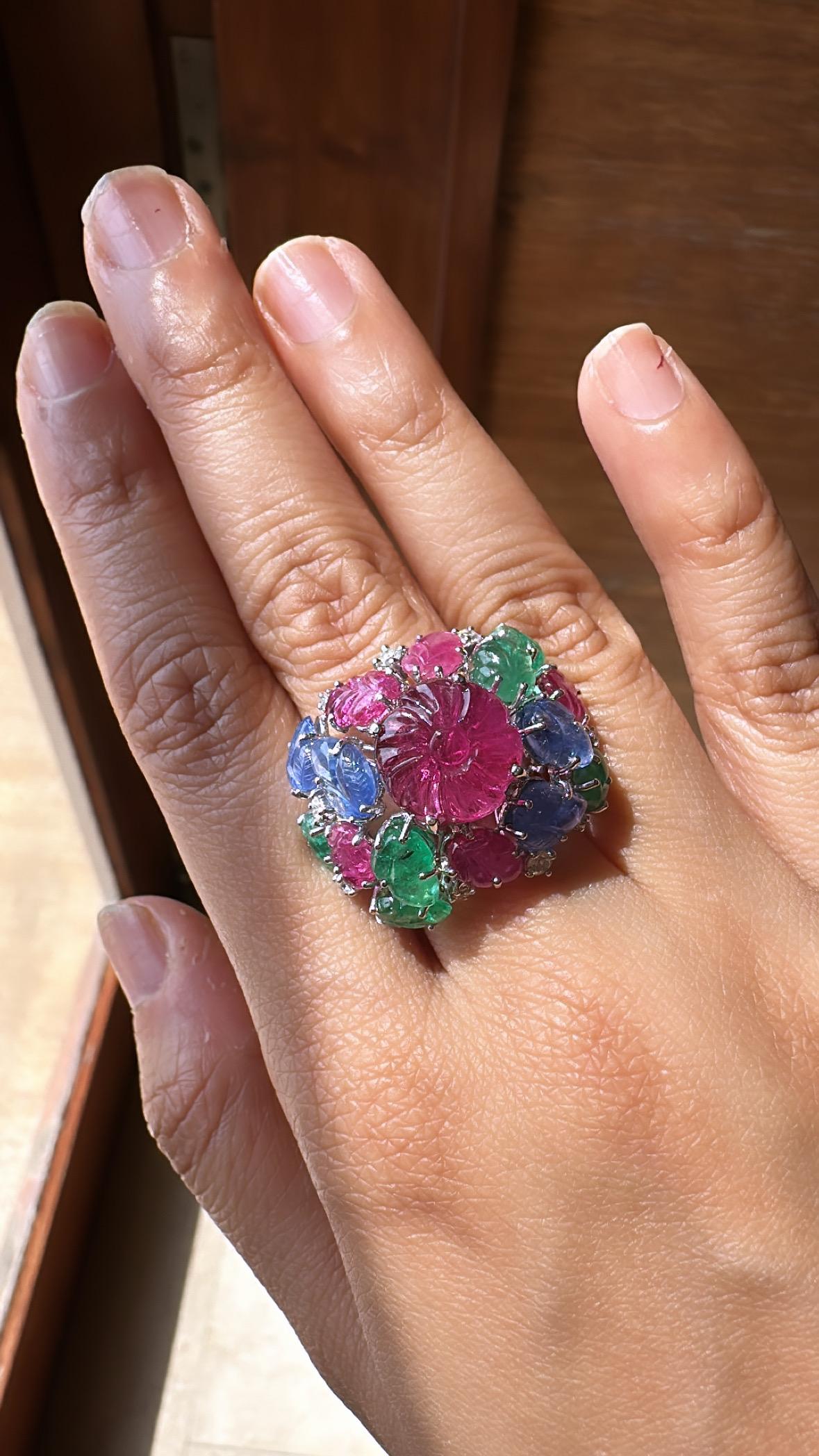 Carved Rubellite, Emerald, Blue Sapphire & Diamonds Tutti-Frutti Cocktail Ring For Sale 1