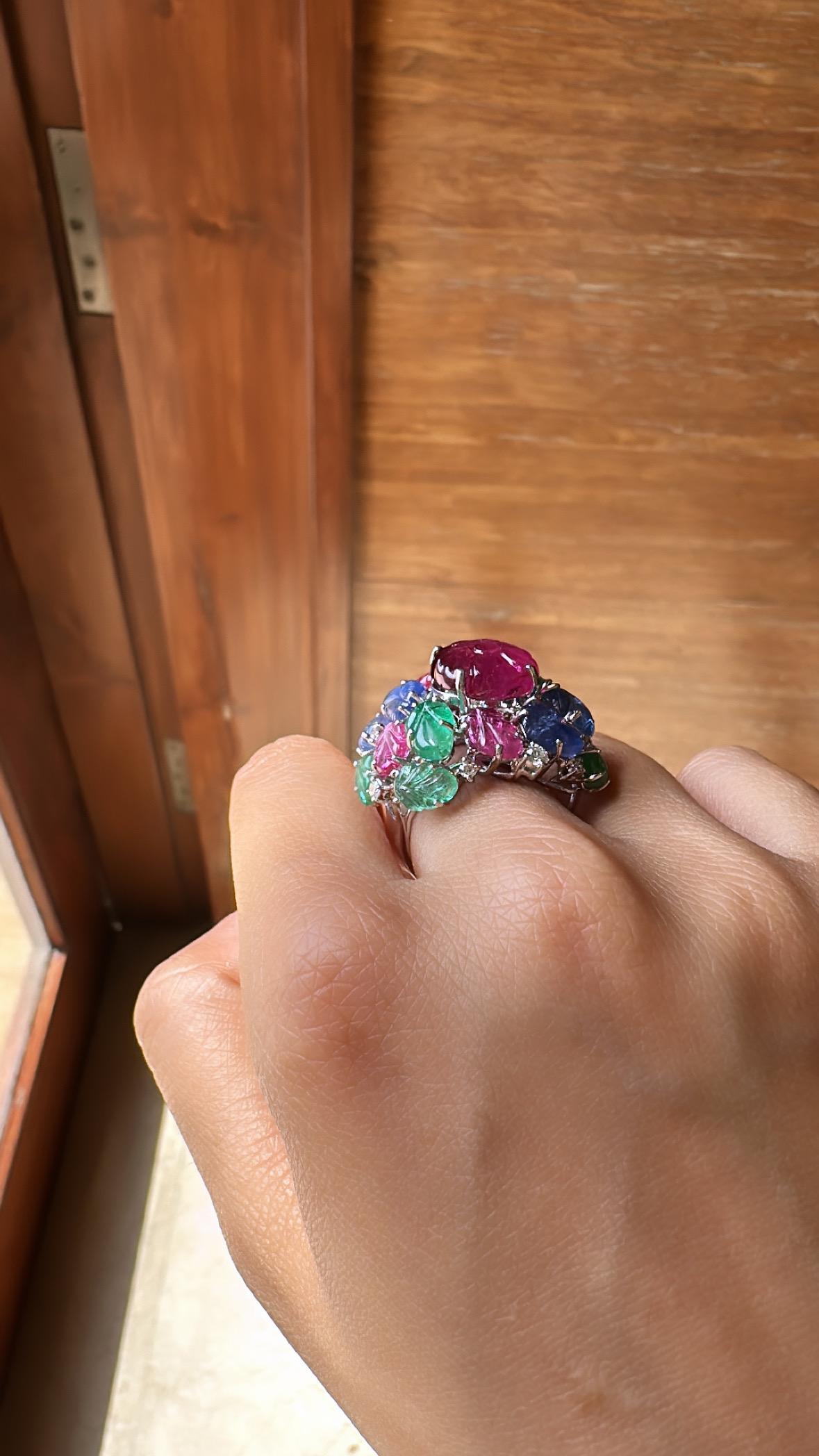 Carved Rubellite, Emerald, Blue Sapphire & Diamonds Tutti-Frutti Cocktail Ring For Sale 2