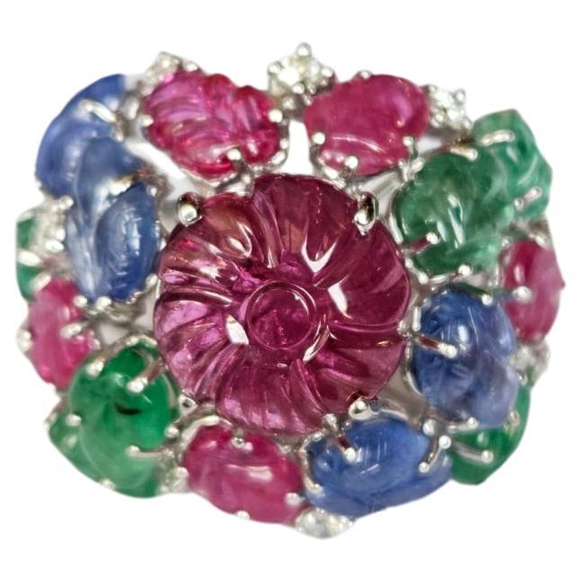 Carved Rubellite, Emerald, Blue Sapphire & Diamonds Tutti-Frutti Cocktail Ring For Sale