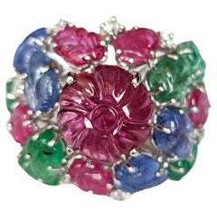 Carved Rubellite, Emerald, Blue Sapphire & Diamonds Tutti-Frutti Cocktail Ring