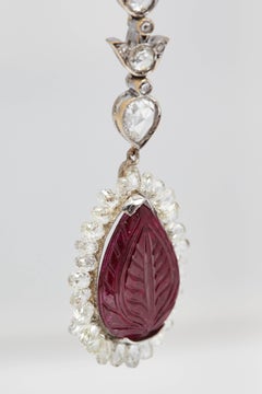 Carved Rubies and Diamond Briolette Ear Pendants
