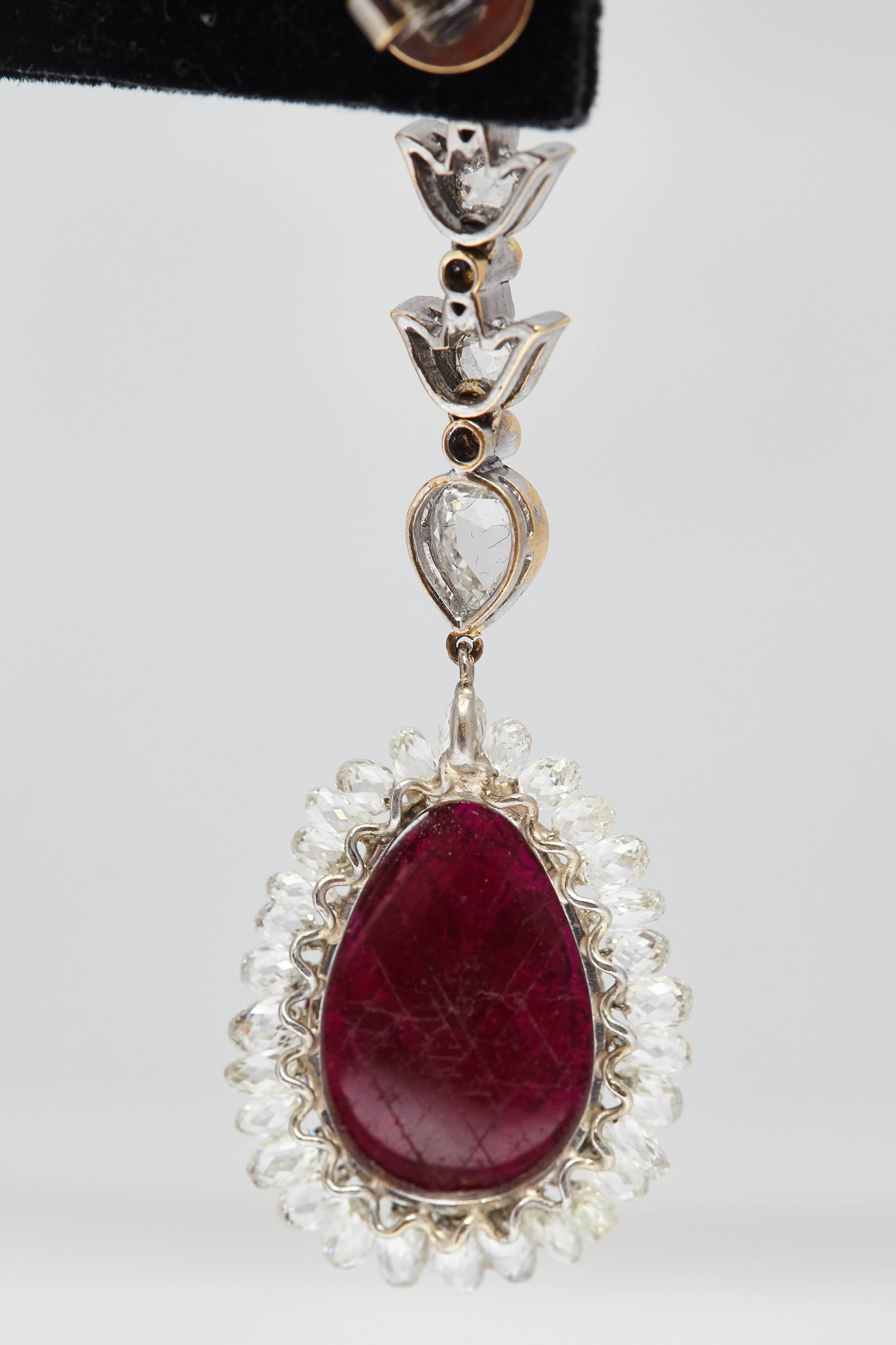 Carved Rubies and Diamond Briolette Ear Pendants In Excellent Condition In New York, NY