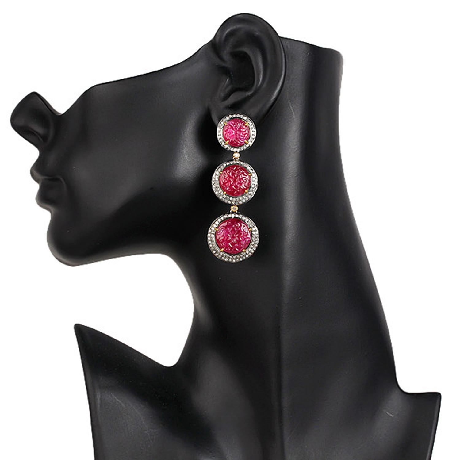 Artisan Carved Ruby 3 Tier Dangle Earrings with Diamonds Made in 18k Gold & Silver For Sale