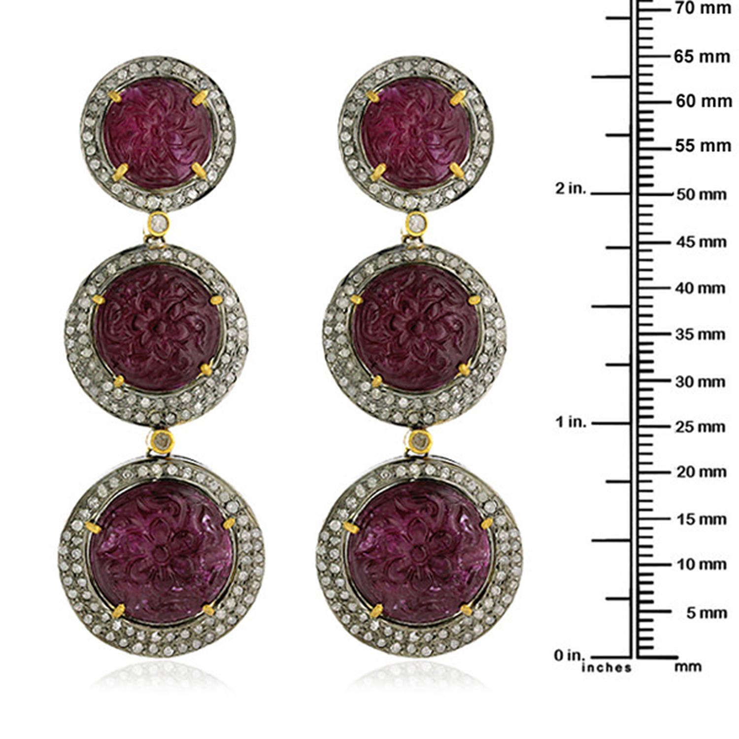Artisan Carved Ruby 3 Tier Dangle Earrings with Diamonds Made in 18k Gold & Silver For Sale