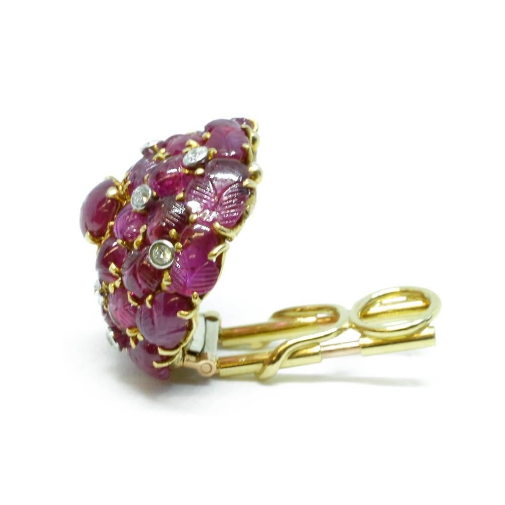 Art Deco Carved Ruby and Diamond Ear Clips For Sale