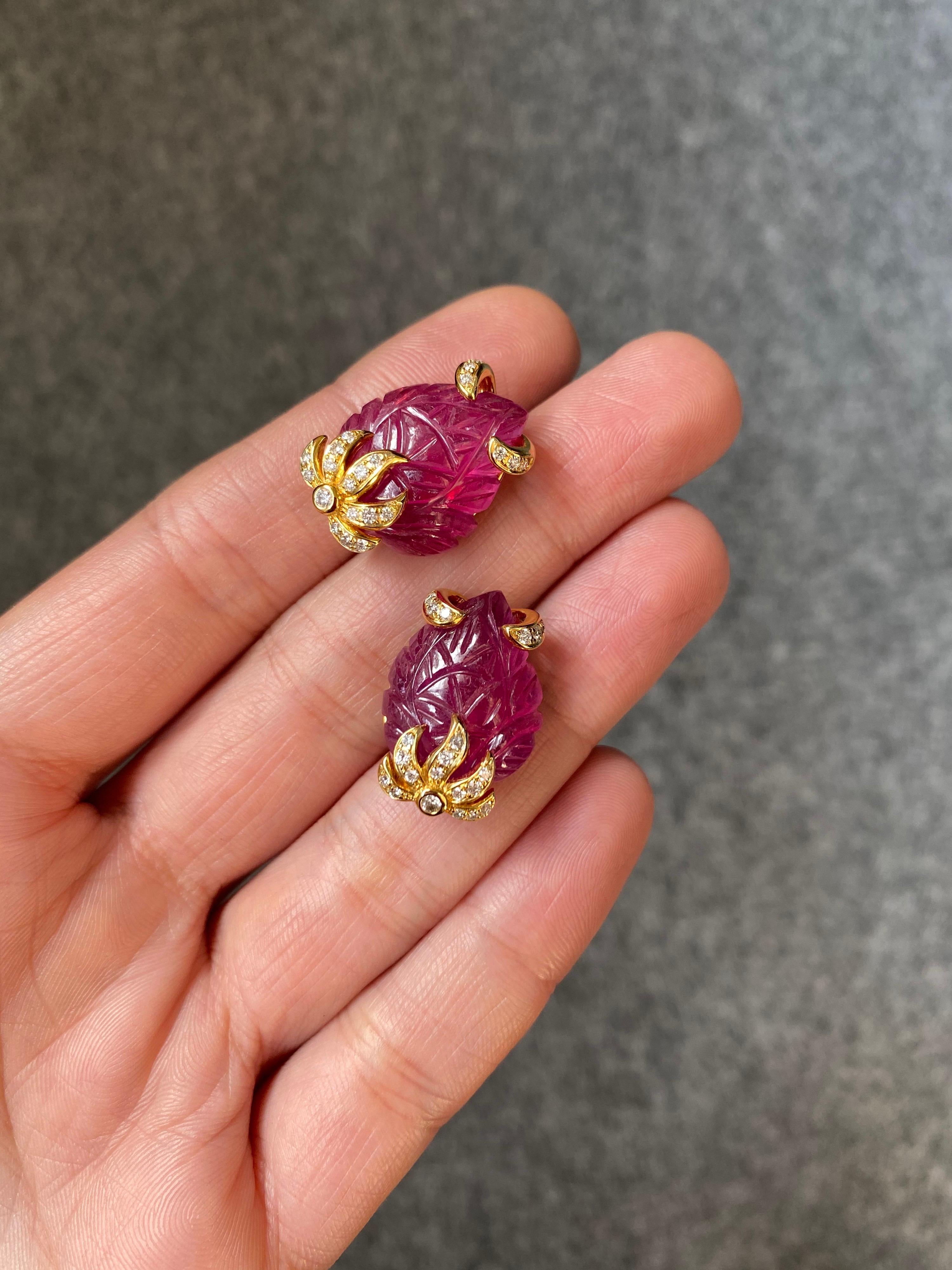 Cabochon Carved Ruby and Diamond Studs in 18K Yellow Gold For Sale