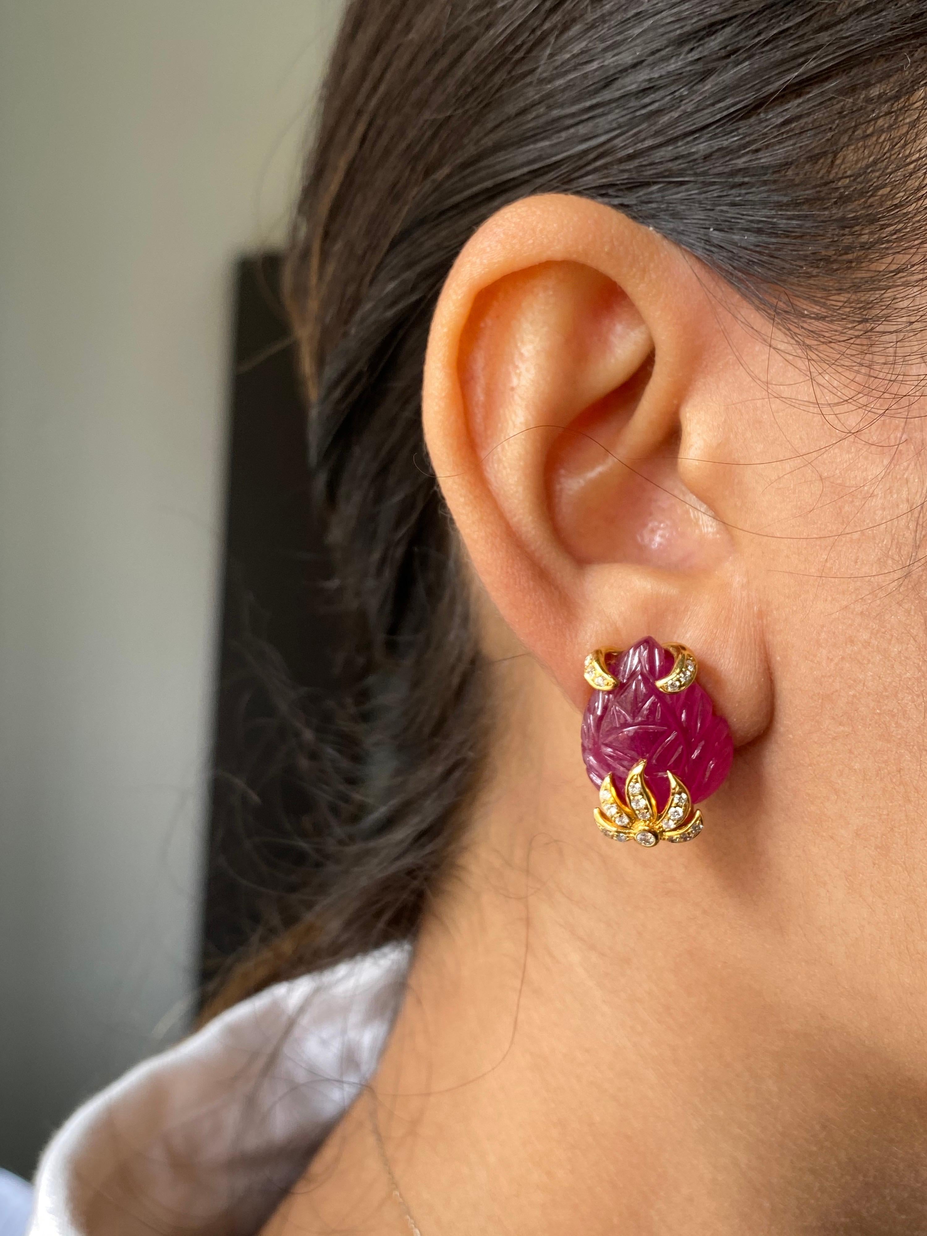 Women's Carved Ruby and Diamond Studs in 18K Yellow Gold For Sale