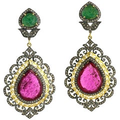 Carved Ruby and Emerald Earrings with Diamonds