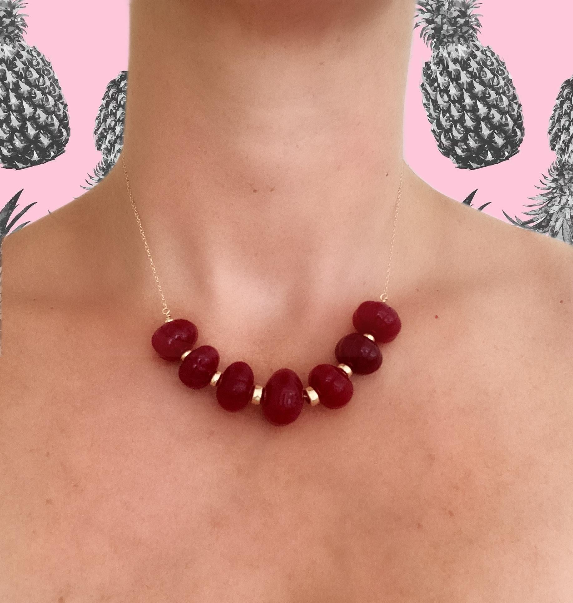 Contemporary Carved Ruby Bead Graduated Sweetie Chain Necklace with Yellow Gold Roundels For Sale