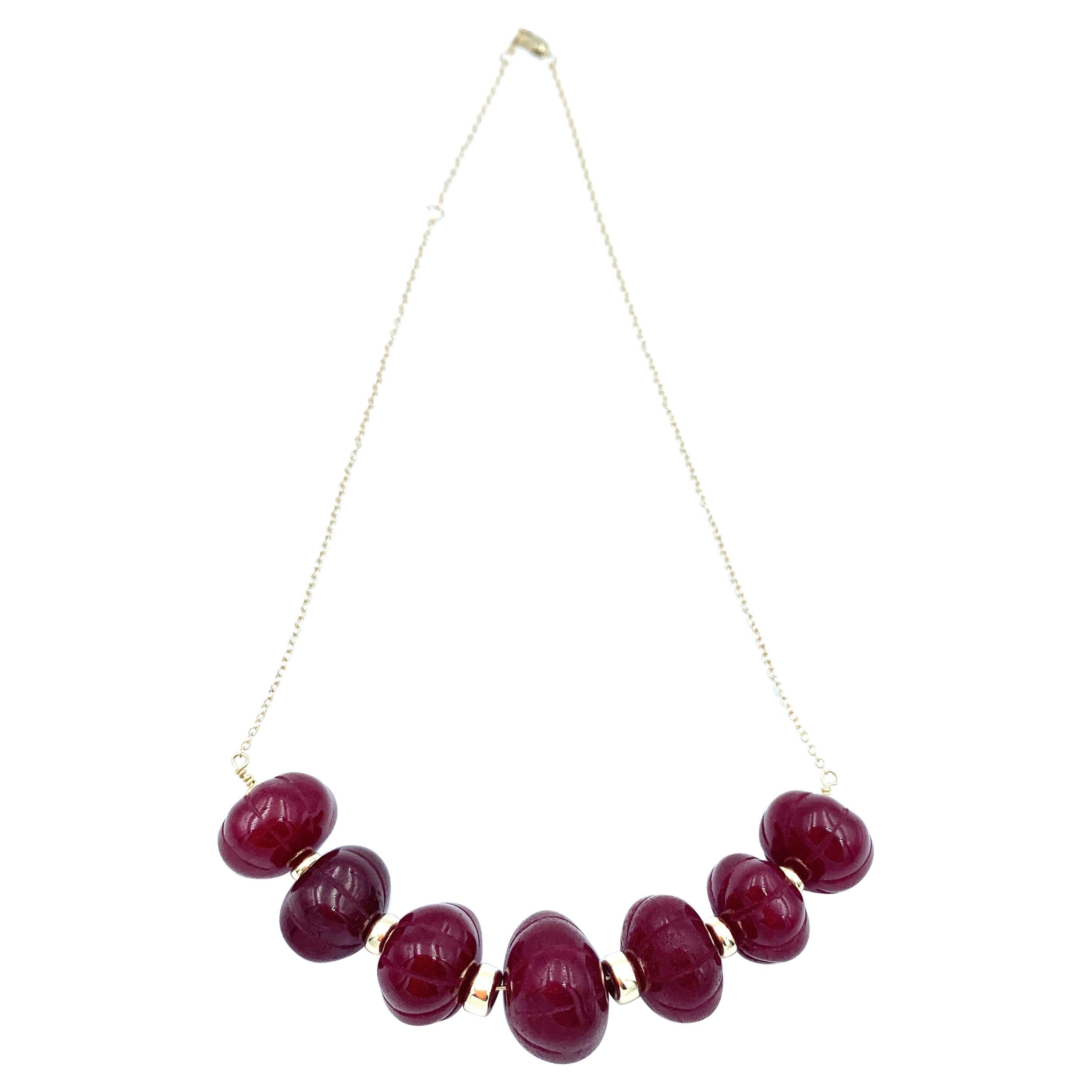 Carved Ruby Bead Graduated Sweetie Chain Necklace with Yellow Gold Roundels