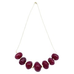 Carved Ruby Bead Graduated Sweetie Chain Necklace with Yellow Gold Roundels
