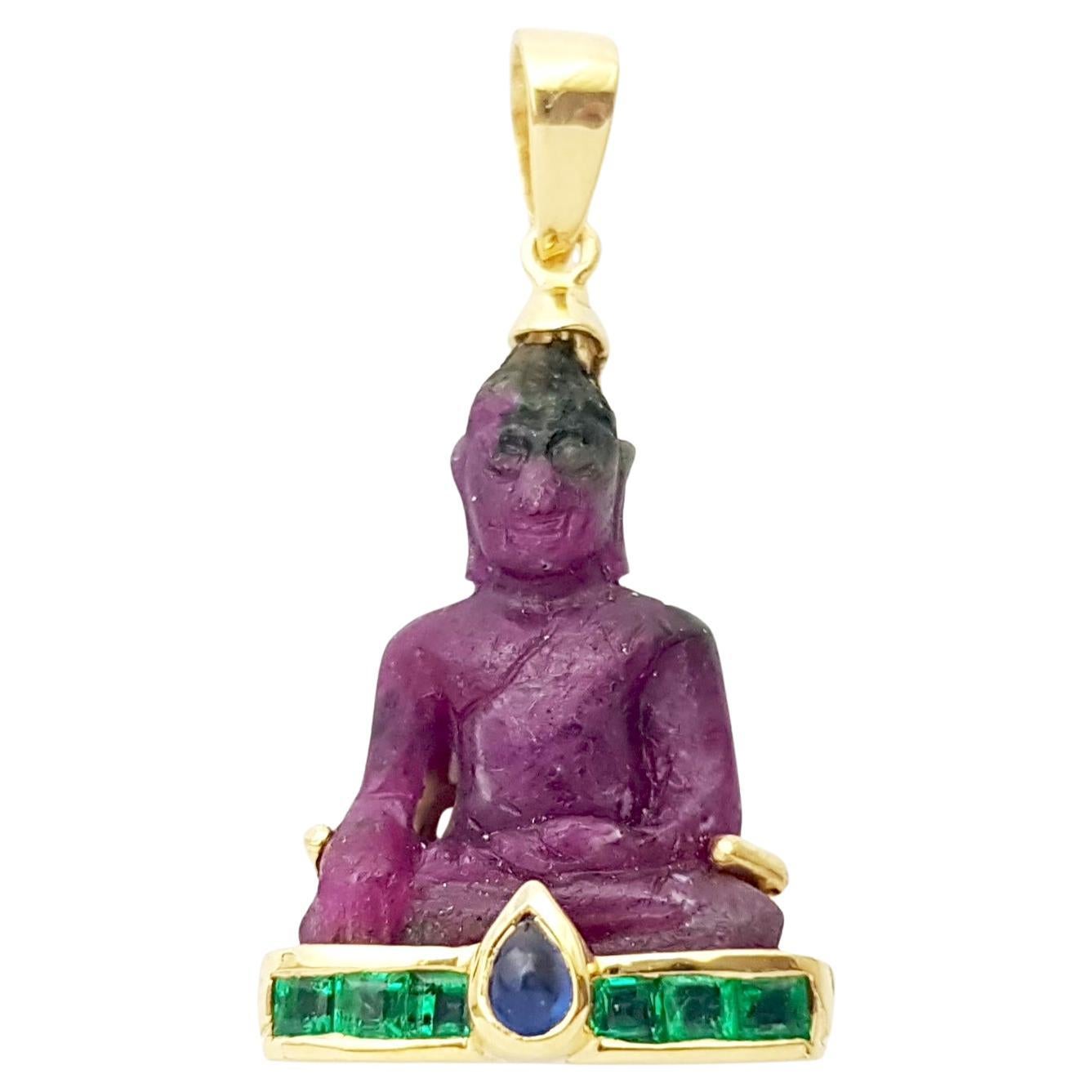 Carved Ruby, Cabochon Blue Sapphire and Emerald Buddha Pendant set in 18K Gold For Sale