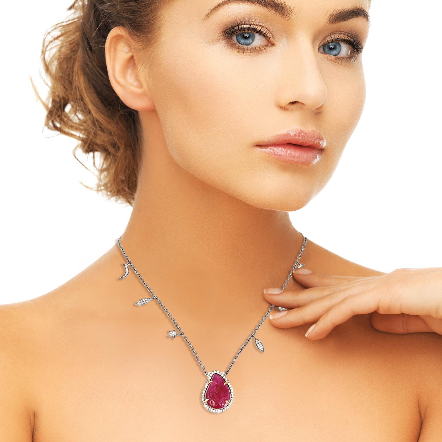 Mixed Cut Carved Ruby Diamond Pendant Necklace For Sale