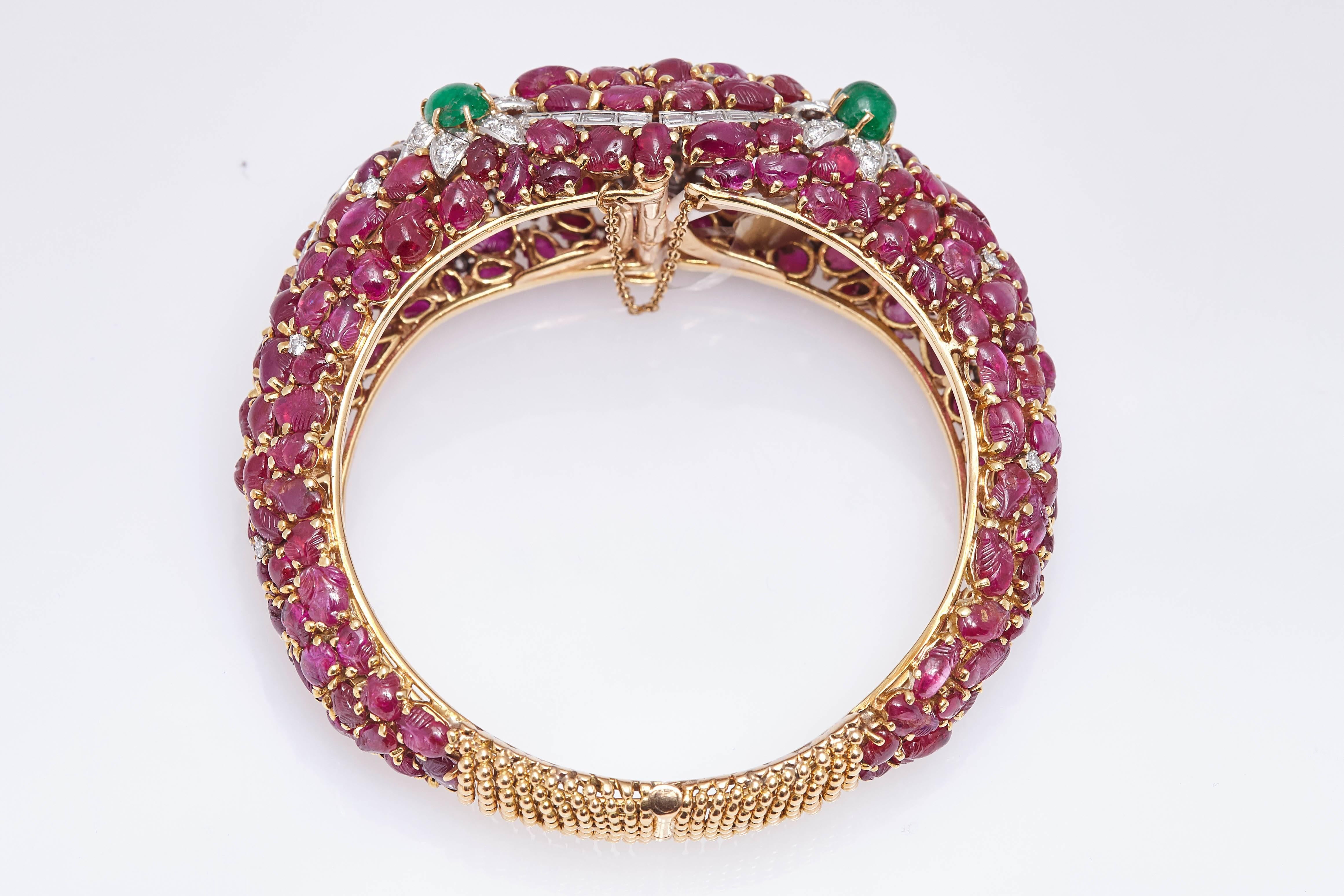 Women's Carved Ruby Emerald and Diamond Cuff Bracelet For Sale