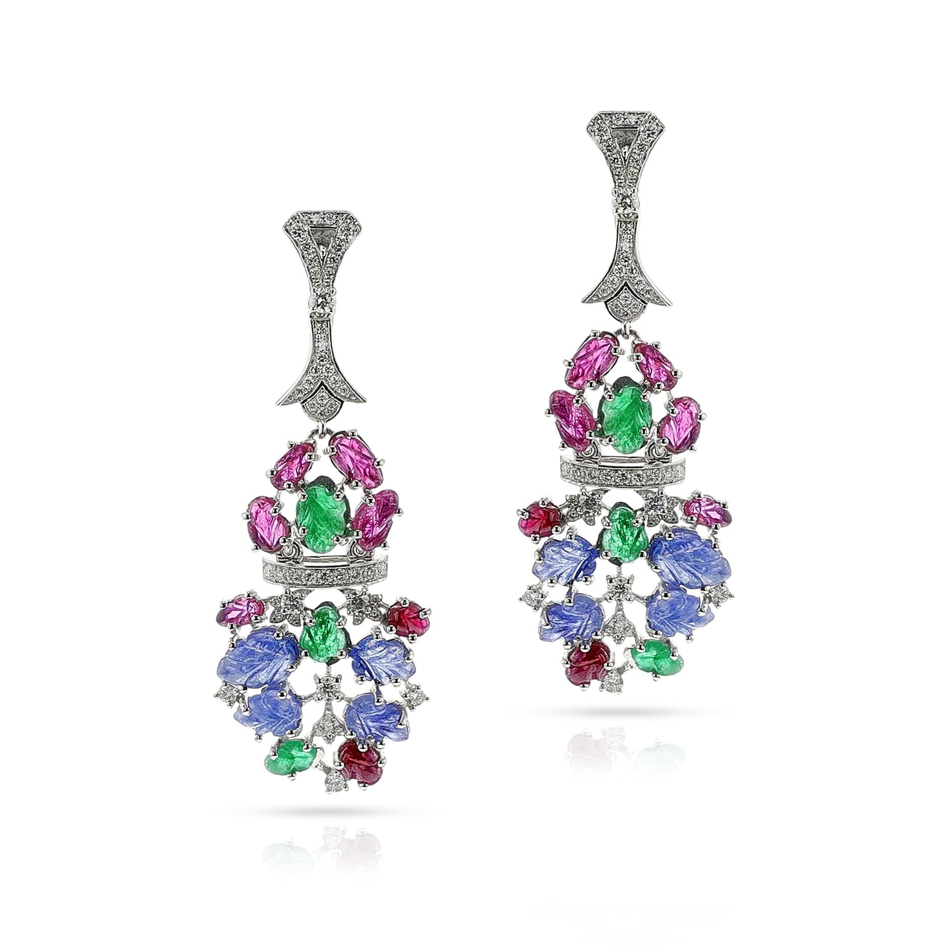 Mixed Cut Carved Ruby, Emerald, Sapphire and Diamond Dangling Earrings, 18k For Sale