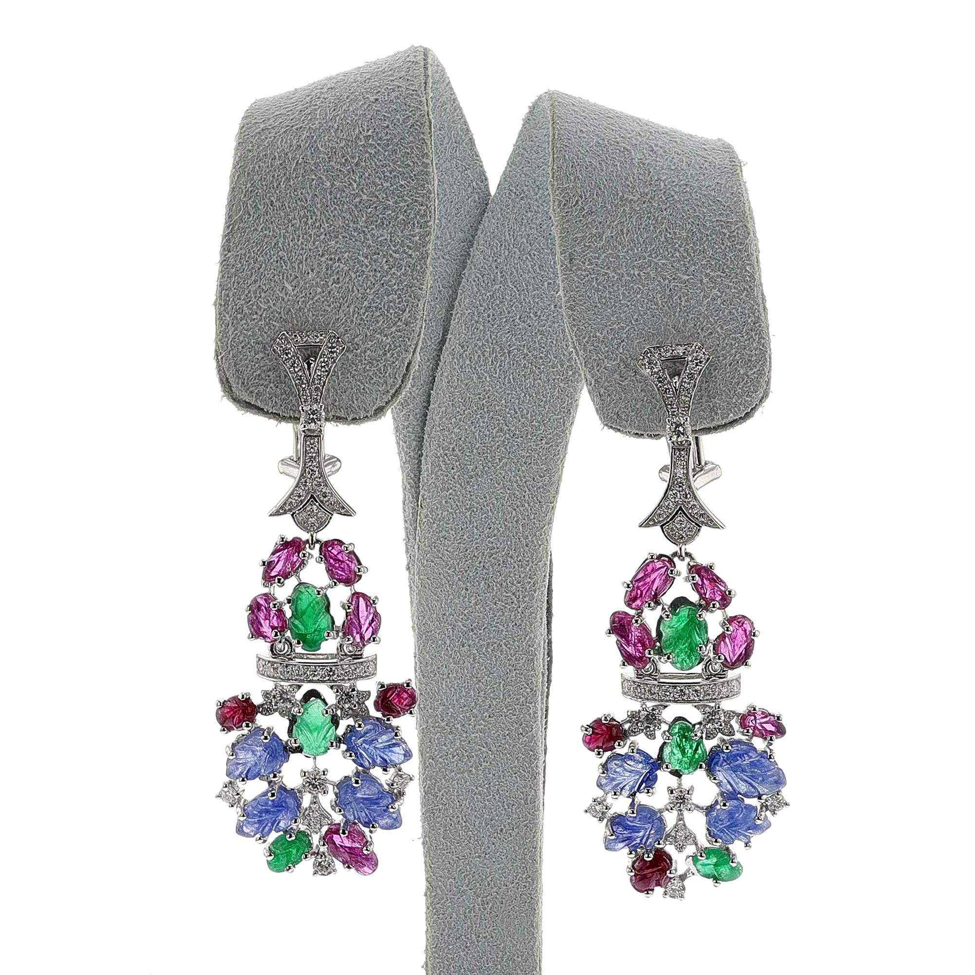 Carved Ruby, Emerald, Sapphire and Diamond Dangling Earrings, 18k In Excellent Condition For Sale In New York, NY