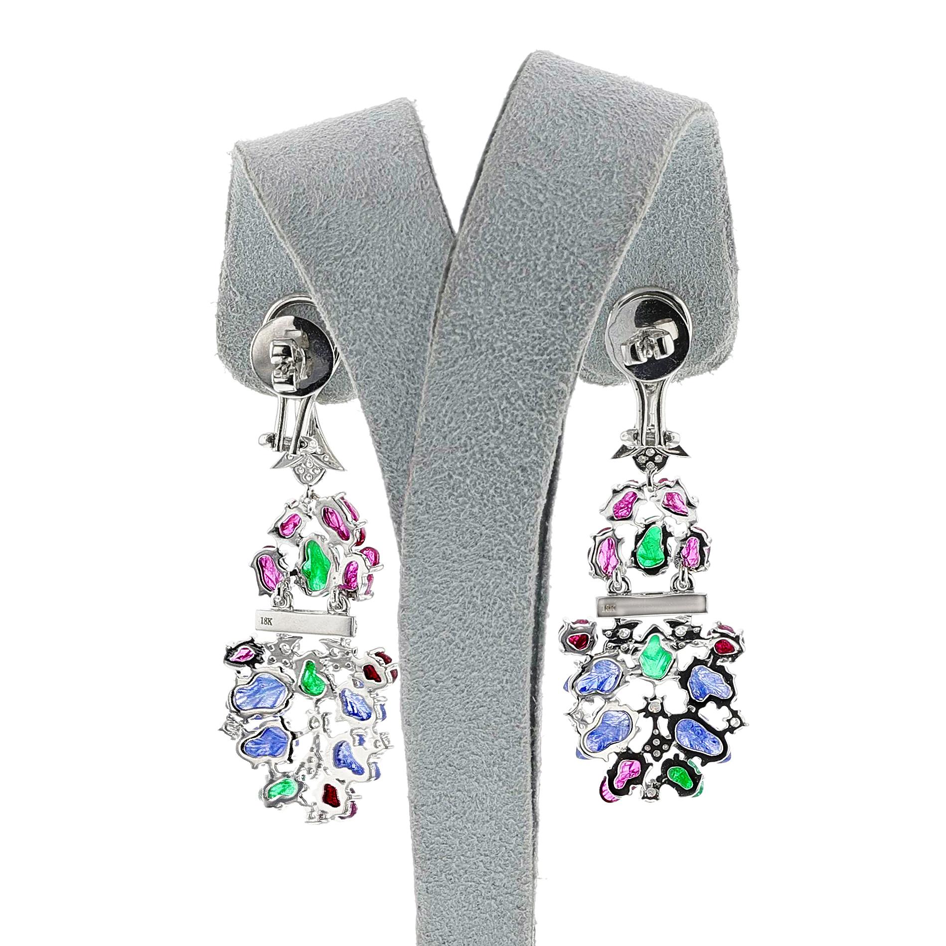 Women's or Men's Carved Ruby, Emerald, Sapphire and Diamond Dangling Earrings, 18k For Sale