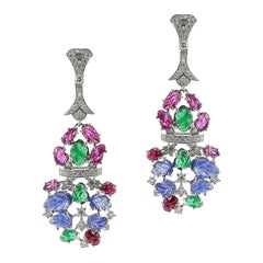 Boucles d'oreilles pendantes en rubis, émeraude, saphir et diamant, 18k