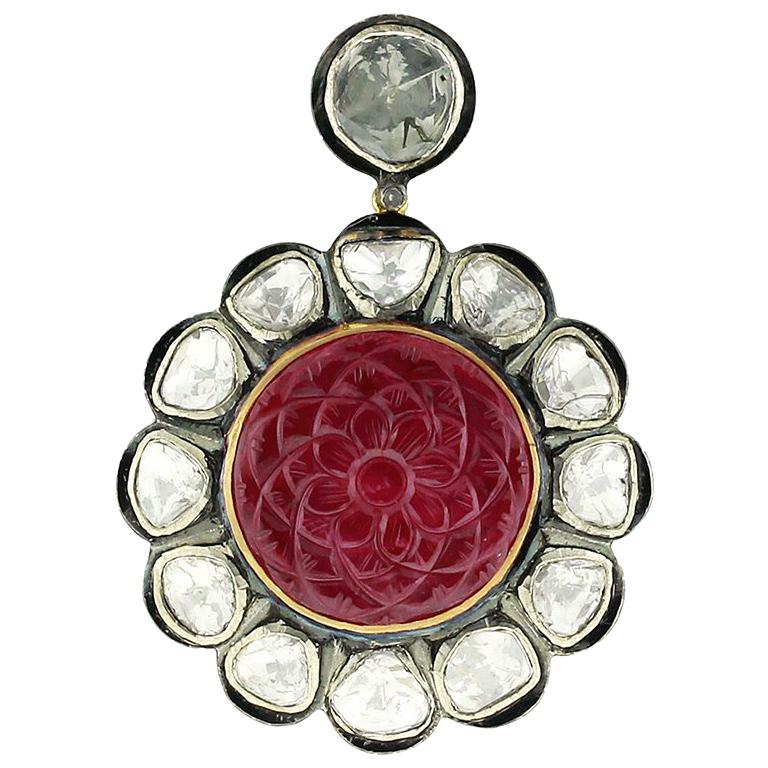 Carved Ruby Floral Pendant with Ploki Diamonds Around