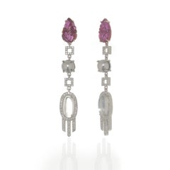 Carved Ruby, Moonstone and Diamond Dangling Earrings