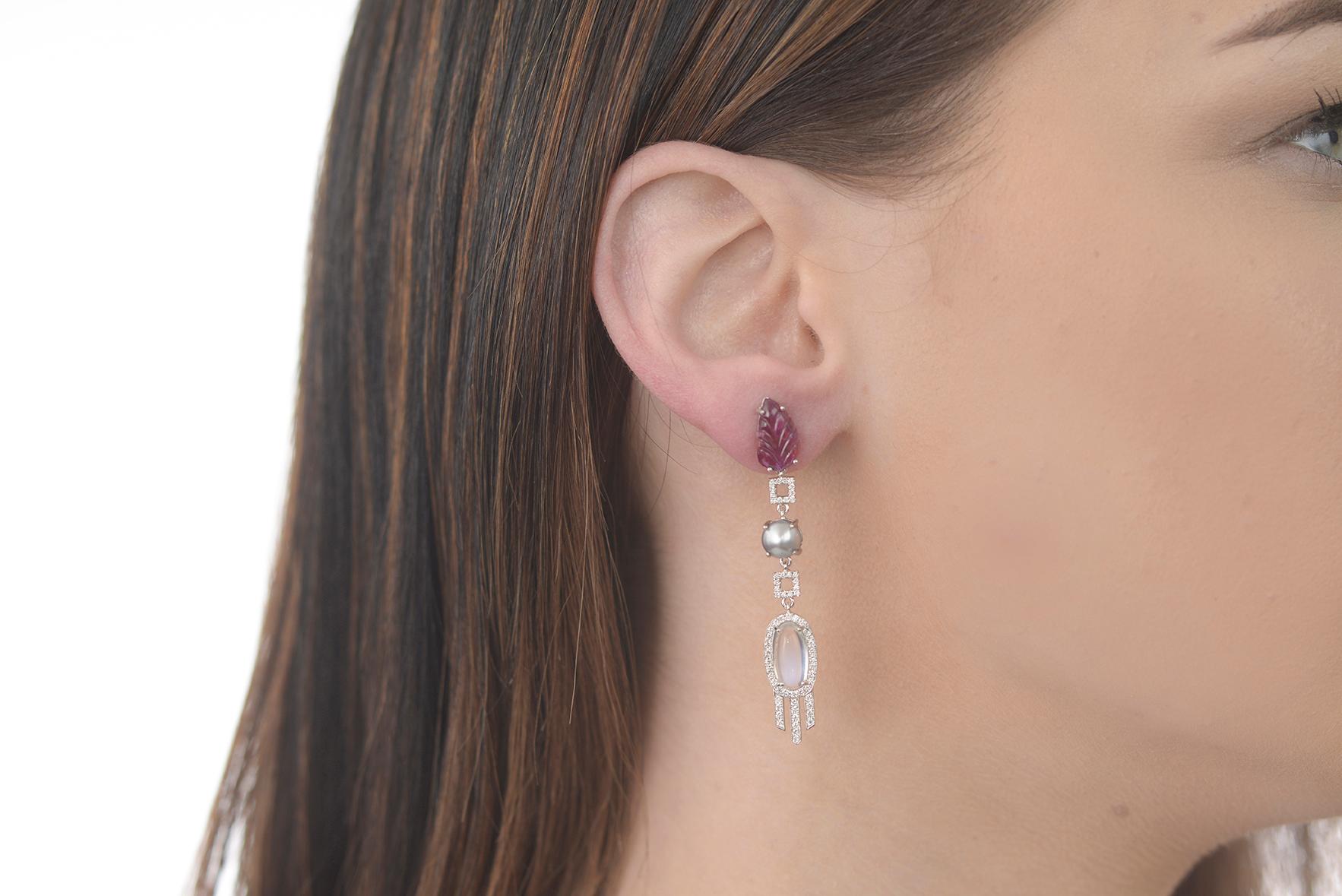 Women's or Men's Carved Ruby, Moonstone and Diamond Dangling Earrings For Sale