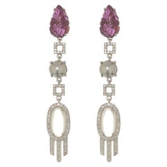 Carved Ruby, Moonstone and Diamond Dangling Earrings
