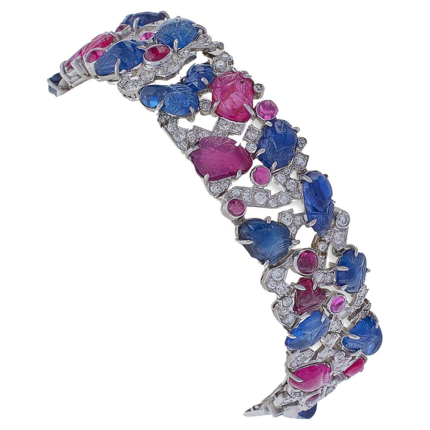 Carved Ruby, Sapphire and Diamond Tutti Frutti Strap Bracelet For Sale