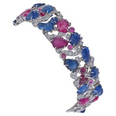 Carved Ruby, Sapphire and Diamond Tutti Frutti Strap Bracelet