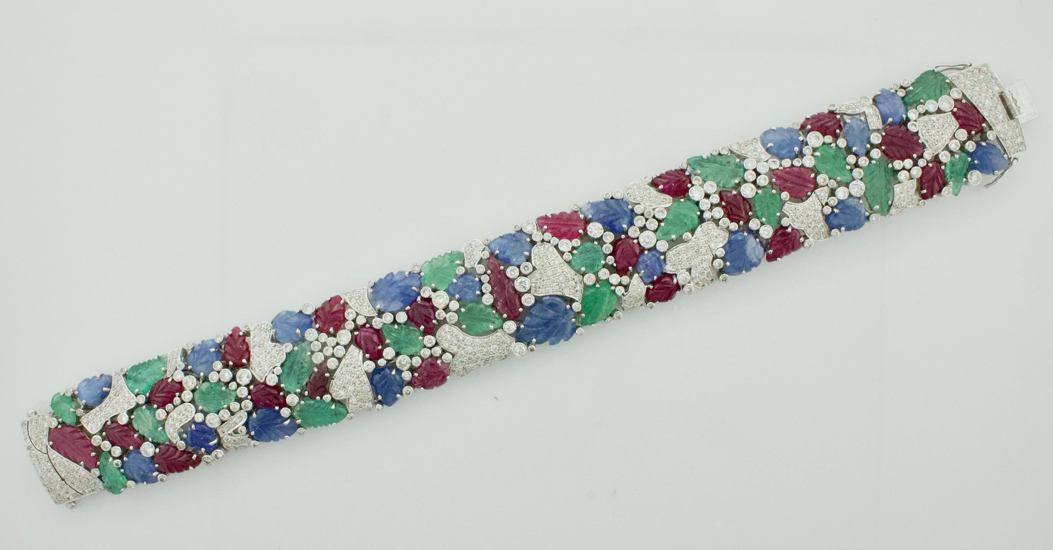 Women's or Men's Carved Ruby, Sapphire, Emerald and Diamond “Tutti Frutti” Bracelet in 18 Karat