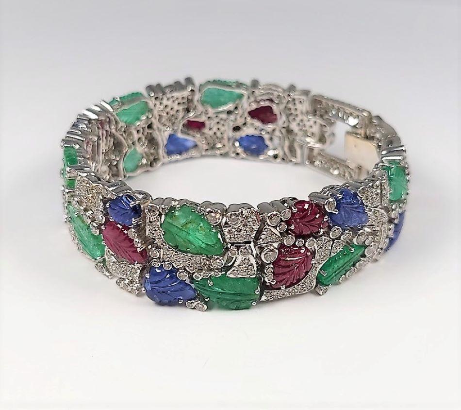 Geschnitztes Tutti-Frutti-Armband, Rubin Saphir Smaragd 11,00 Karat Diamant für Damen oder Herren
