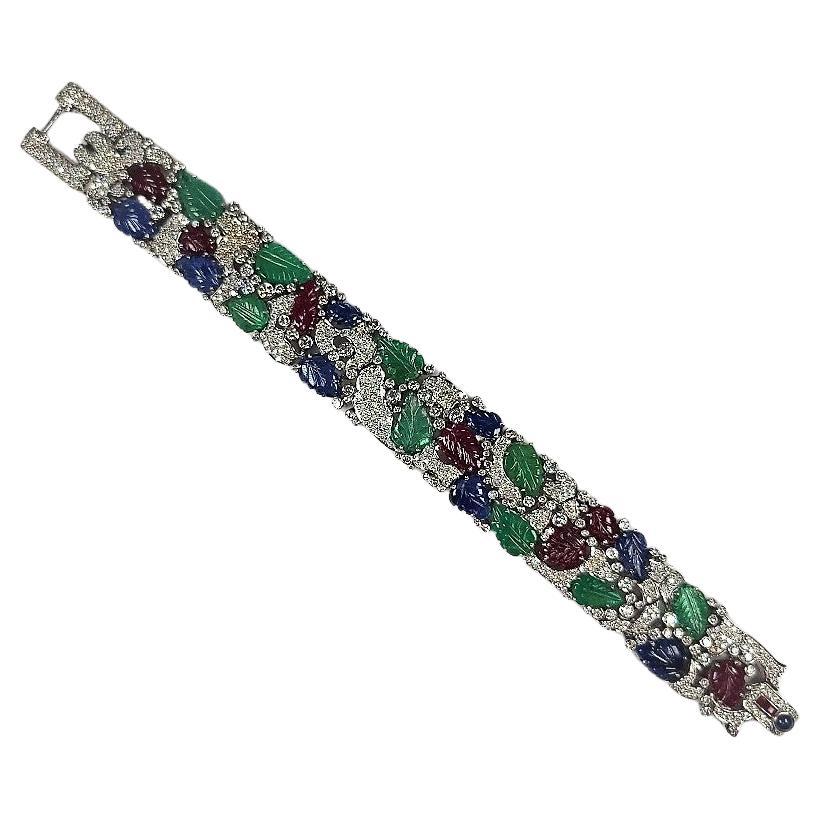 Geschnitztes Tutti-Frutti-Armband, Rubin Saphir Smaragd 11,00 Karat Diamant