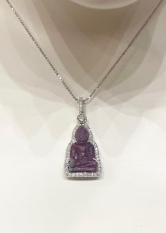 Carved Ruby with Brown Diamond Buddha Pendant set in 18K White Gold Settings