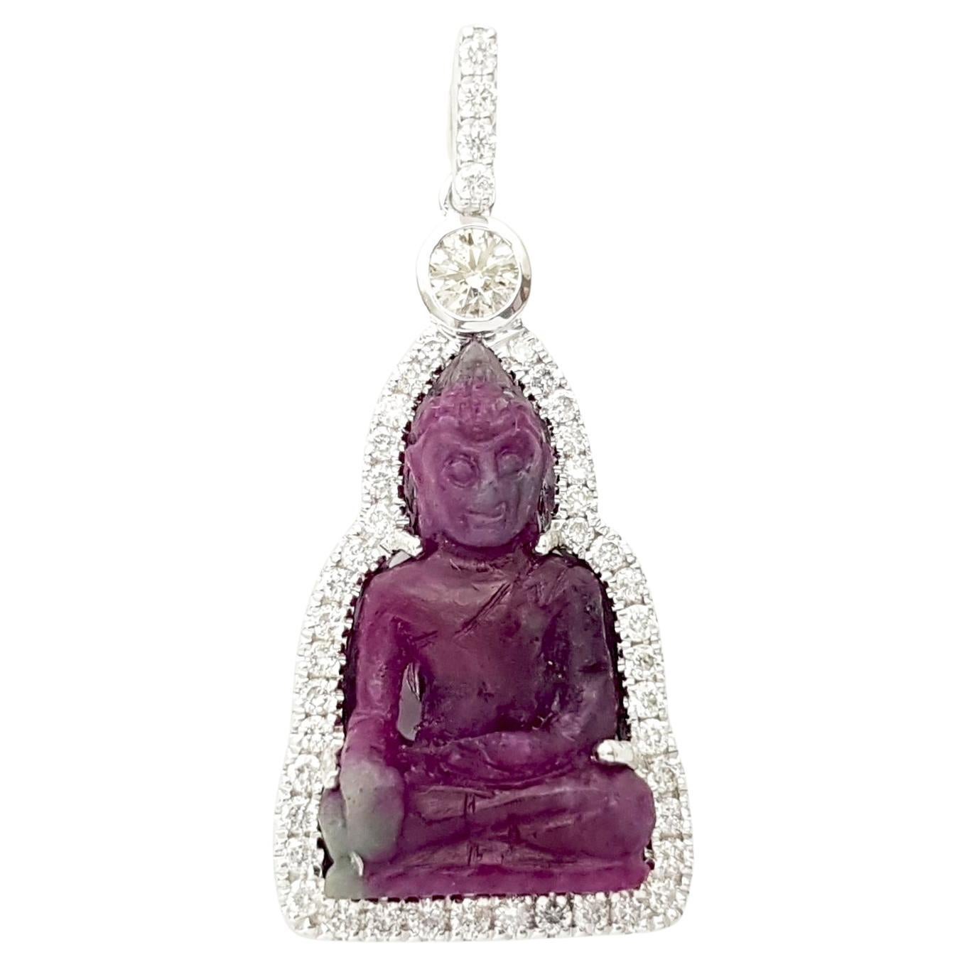 Carved Ruby with Brown Diamond Buddha Pendant set in 18K White Gold Settings