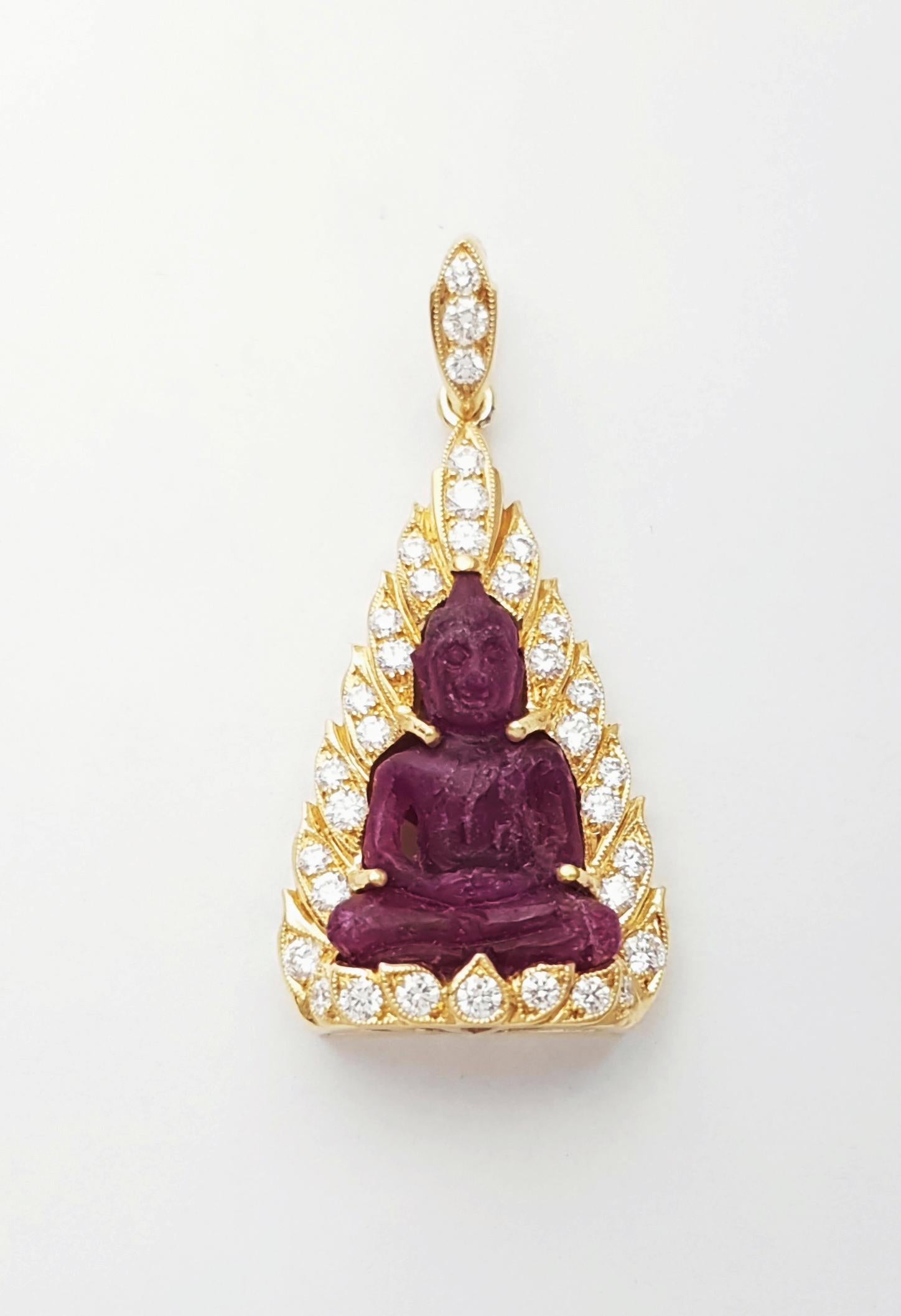 Pendentif Bouddha en rubis sculpté et diamant serti dans de l'or 18K en vente 2