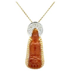 Carved Rust Jade Buddha and Diamond 2-Tone Gold Vintage Pendant Necklace