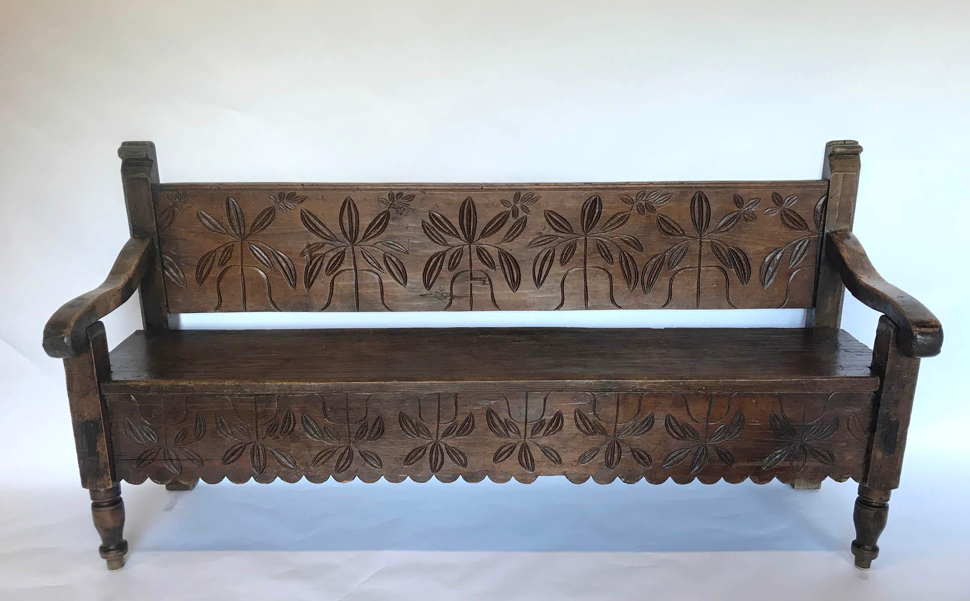 Carved Rustic Guatemalan Bench In Good Condition In Los Angeles, CA