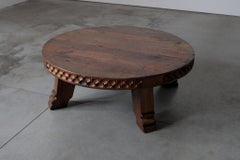 Carved rustic oak round coffee table - Netherlands 1950s