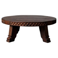 Carved rustic oak round coffee table - Netherlands 1950s
