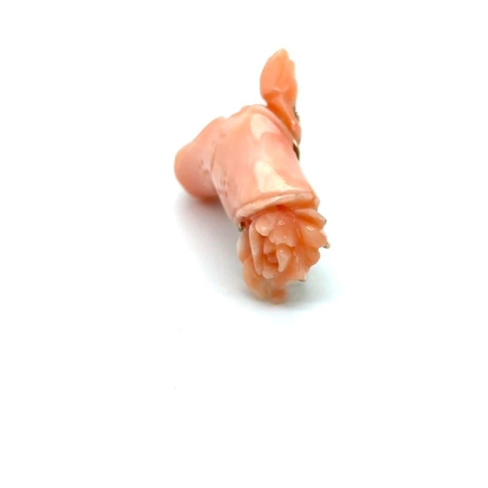 Contemporary CARVED SALMON COLOR CORAL PENDANT - MOUNTED in A HANDMADE 14 K WHITE GOLD For Sale