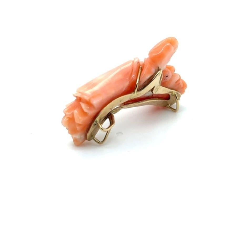 CARVED SALMON COLOR CORAL PENDANT - MOUNTED in A HANDMADE 14 K WHITE GOLD In Good Condition For Sale In New York, NY